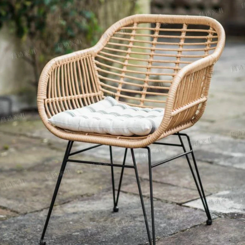 Ins Rattan Chair Outdoor Balcony Iron Rattan Leisure Chair Solid Wood Table Simple Handmade