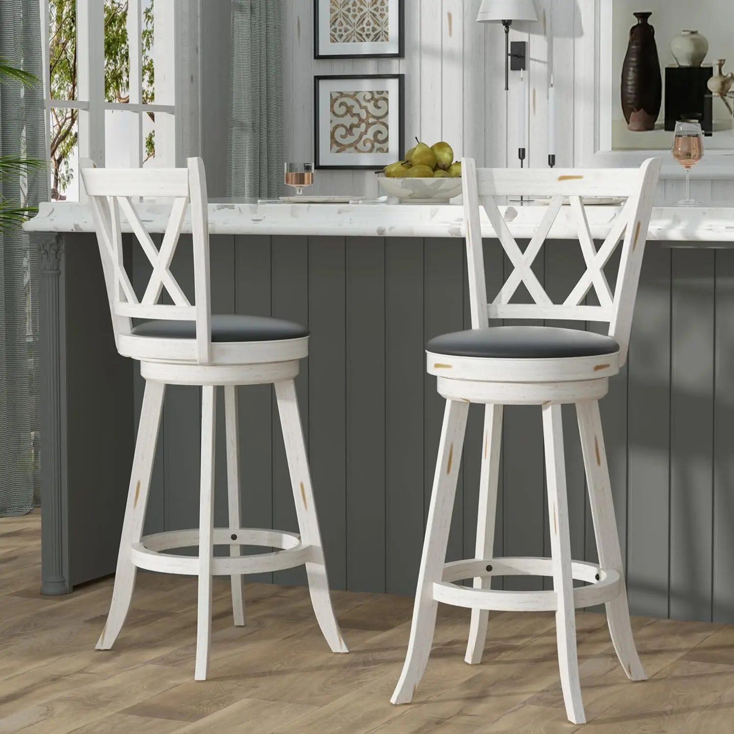 

29" Bar Height Swivel Stools - High Back Swivel Barstools with Upholstered Seat & Solid Wood Footrest, Counter Bar Chairs for