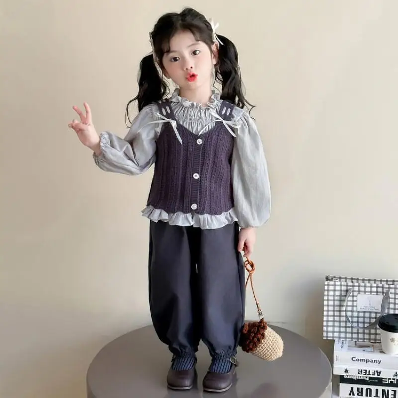 

Hot Girl Vest Shirt Pants Three-Piece Set Spring Autumn Tops Pullover Child Kawaii Fashion New Style Casual Homewear Clothing