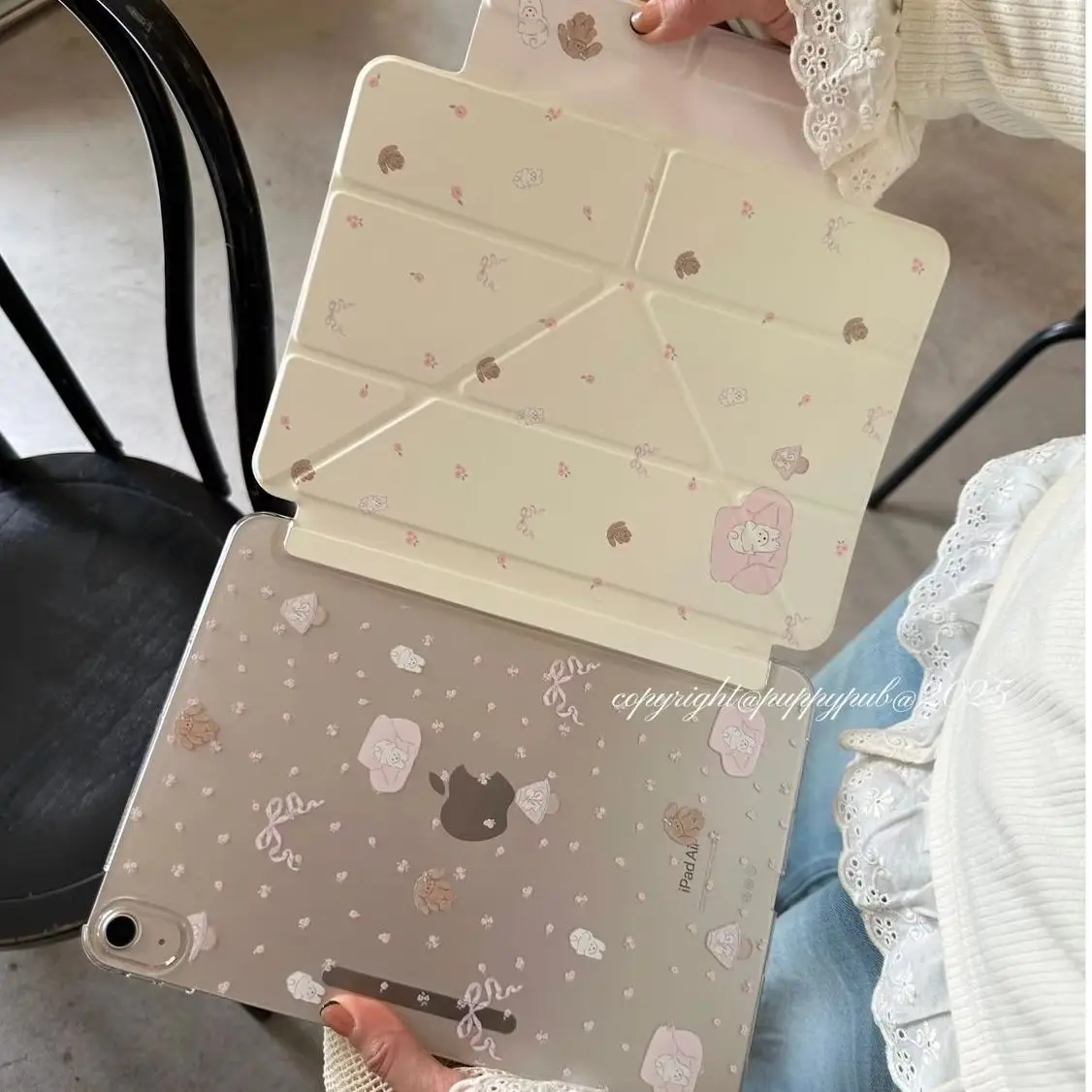 Korean Floral Puppy New Tablet Case For iPad Pro11 12.9in 13 15 M3 M4 M5 9.7 10.2 5/6th 7/8/9 10 11th MINI Air5 6 7 Trifold Case