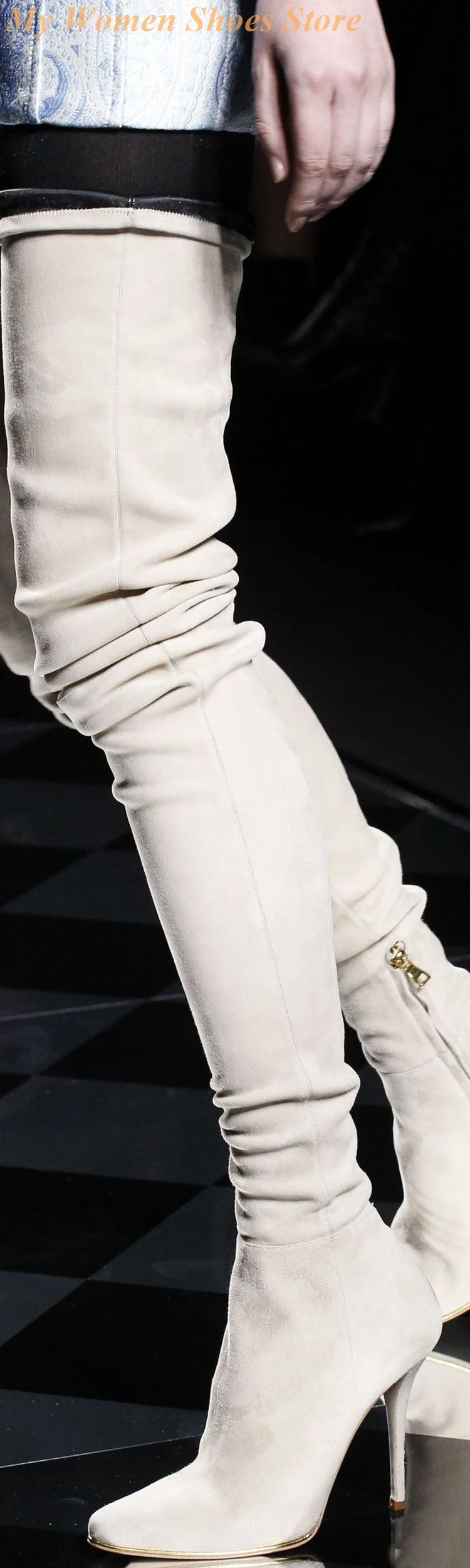 سليم الجلد المدبوغ الفخذ أحذية عالية سستة خنجر رقيقة عالية الكعب مثير مدبب تو فوق الركبة النساء فستان أحذية اليدوية