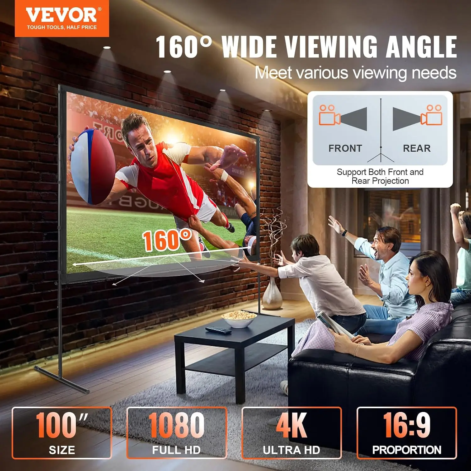 Projector Screen with Stand, 100 inch 16:9 4K 1080 HD Outdoor Movie Screen with Stand, Wrinkle-Free Projection Screen with Bar F