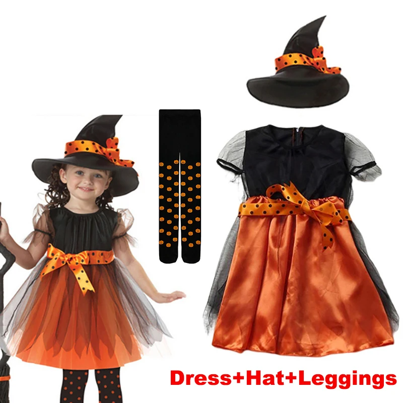 Baby Girls Halloween Witch Costume Children Cosplay Pumpkin Fancy Dresses Kids Dress Up Clothes With Hat Carnival Vestidos Set