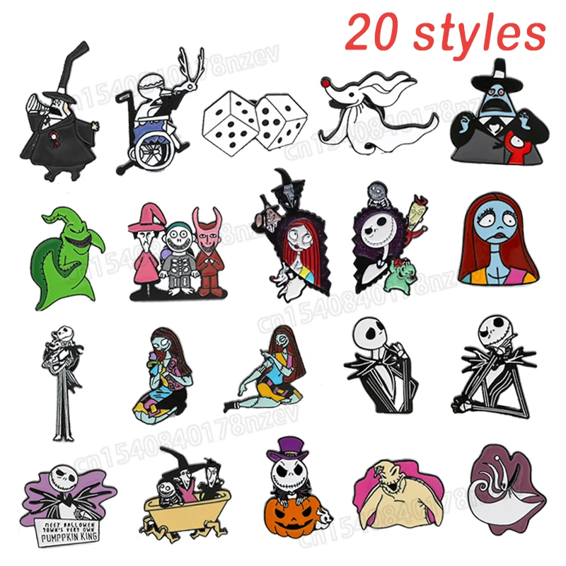 20 Styles The Nightmare Before Christmas Enamel Pins Cartoon Metal Brooches Backpacks Pin for Hallowmas Lapel Pines Accessories