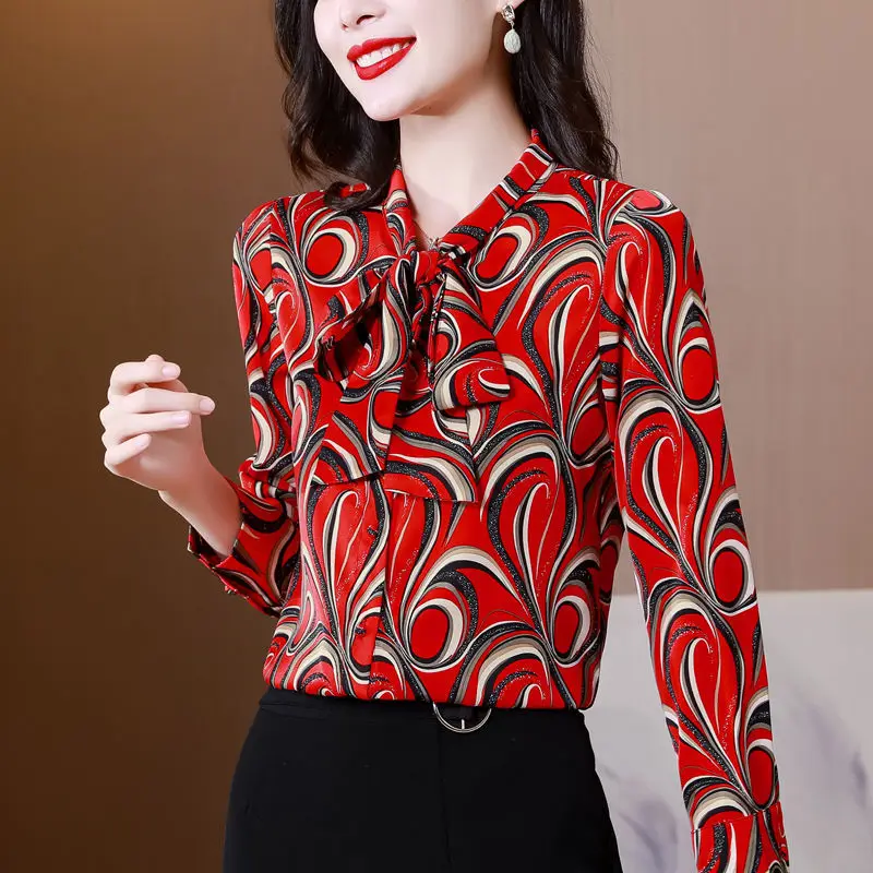 Vintage Elegant Printed Women\'s Scarf Collar Lace Up Blouse Fashion Korean Button Long Sleeve Shirt Female Clothing Autumn 2022