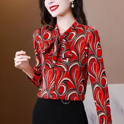 Vintage Elegant Printed Women's Scarf Collar Lace Up Blouse Fashion Korean Button Long Sleeve Shirt Female Clothing Autumn 2022