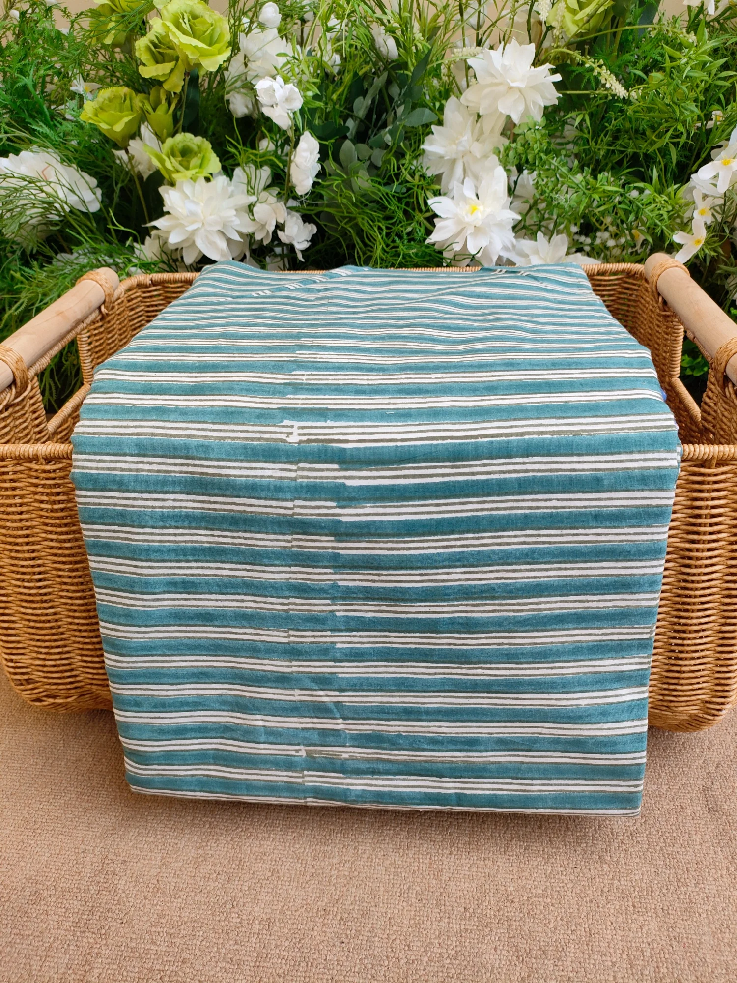 Indian Hand Block Printed cotton 100% Light Weight Soft Green Striped Breathable Fabric