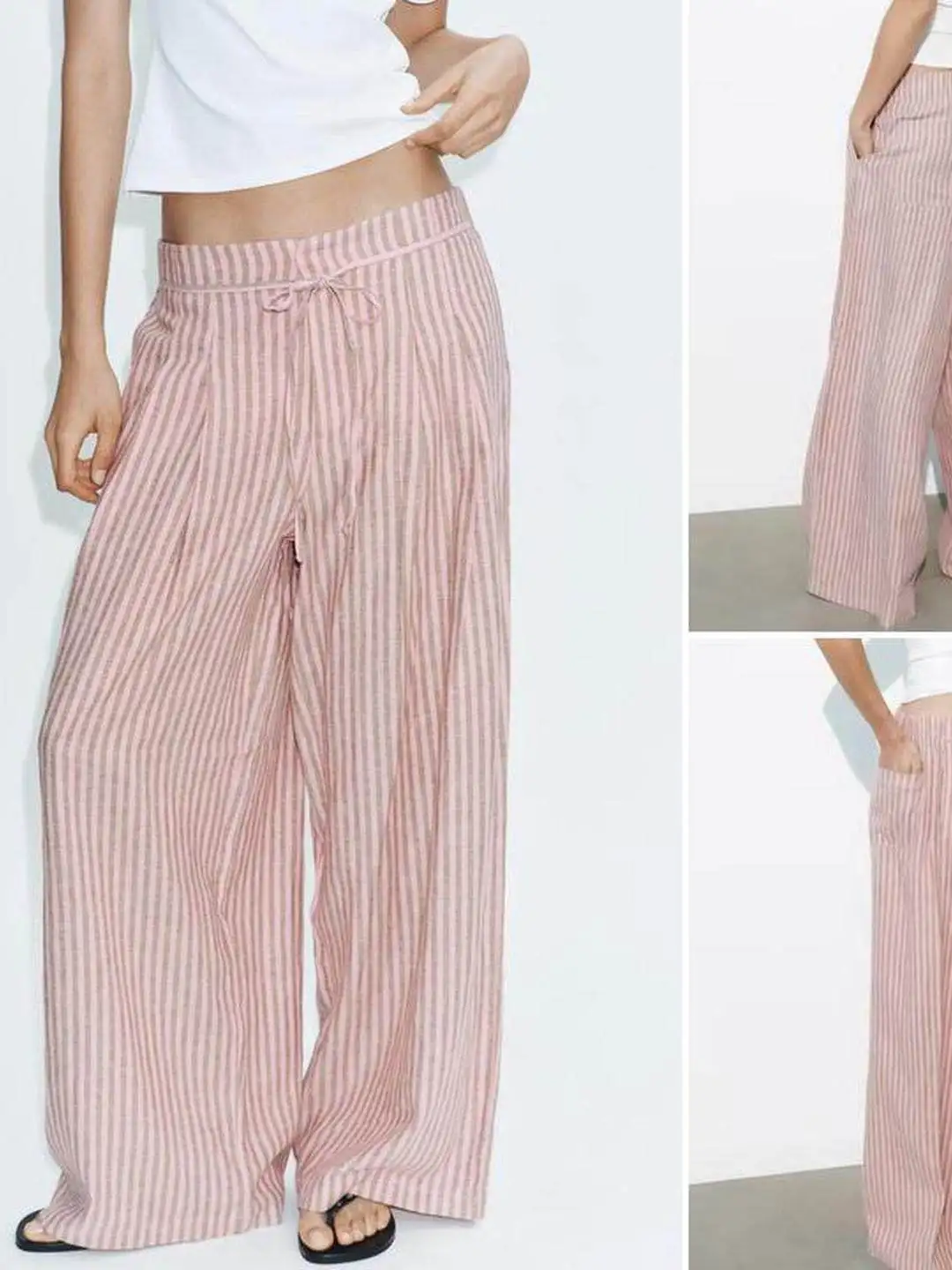 Casual Stripe Patterned Loose Fit Fashionable All-Match Mixed Fiber Wide Leg Pants with Belt mid Waist for Ladies Summer 2026