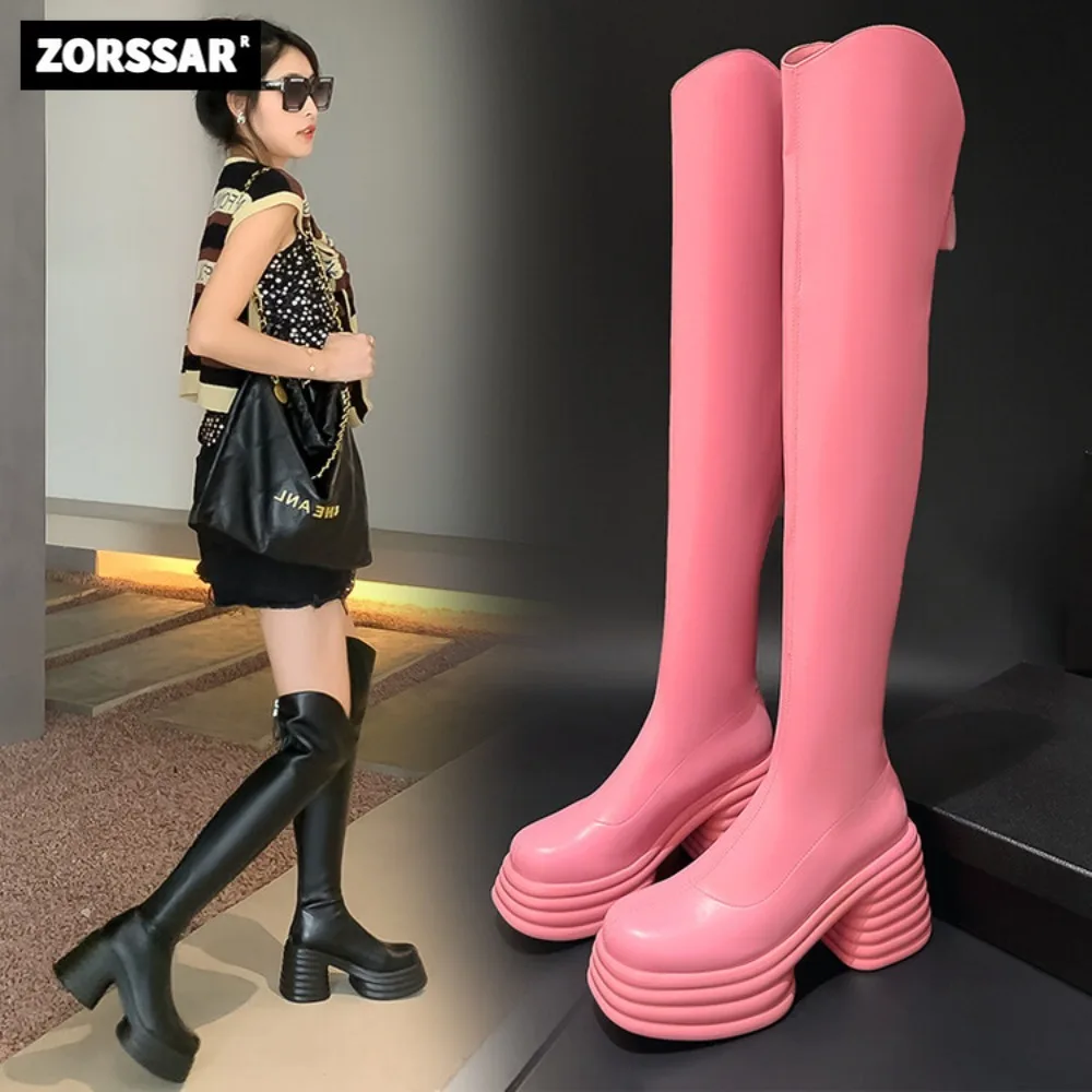 Stivali sopra il ginocchio elasticizzati Super Cool in pelle di mucca bianca rosa piattaforma tacchi alti stivali lunghi stivali invernali da donna