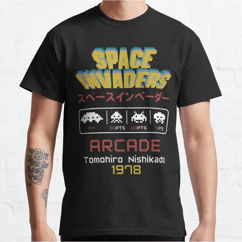 

vintage style 80s Arcade Games Space Invader 8 bit fun pixel aliens old school gaming T-shirt large size Adult Tops