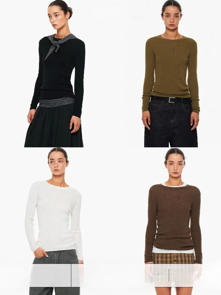 

Женский облегающий трикотажный топ AgeofAscent с круглым вырезом, однотонный, базовый слой, повседневный, с длинными рукавами, для дома, из смесовой шерсти