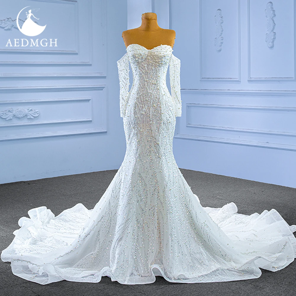 

Aedmgh Mermaid Luxury Wedding Dresses 2024 Sweetheart Detachable Long Sleeve Vestido De Novia Pearls Sequined Robe De Mariee