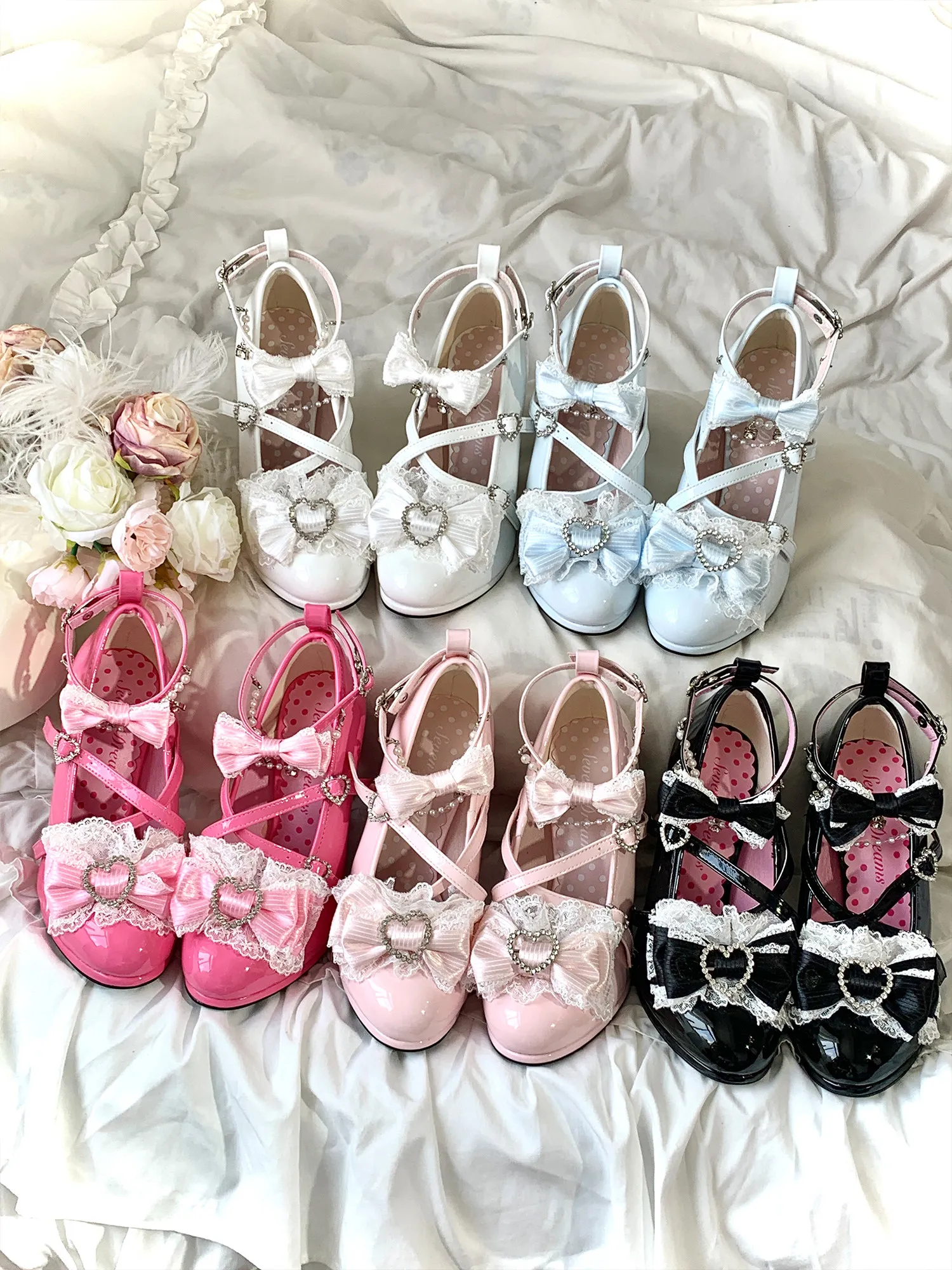 

Japanese Original Showa Hime Lolita Love Heel Bow Rhinestone Pearl High Heels Lo Niangnan Pink Mary Jane Single Shoes for Women