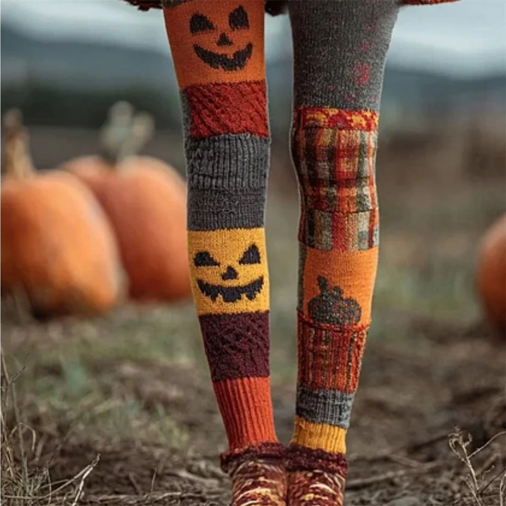 Legging Rajut Wanita Motif Labu Halloween dengan Jahitan Kontras Patchwork, Celana Skinny Nyaman untuk Wanita 1