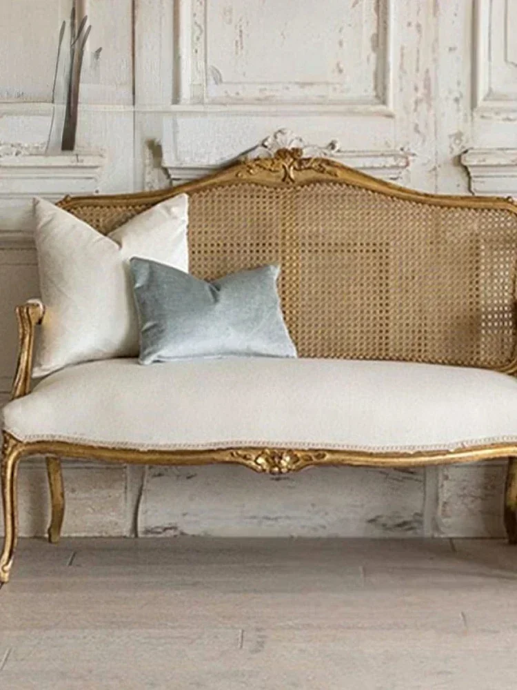 Carved Rattan Sofa Solid Wood Rattan Chair with Back Distressed Golden Studio B & B Cloth Vintage Three-Seat Sofa