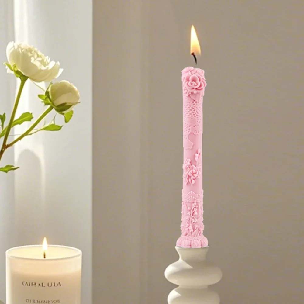 Relief Rose Flower Silicone Candle Moulds Lily Long Pole Gypsum Molds Plant Shape Cylinder Resin Decor Peony Soap Makinhg Tools
