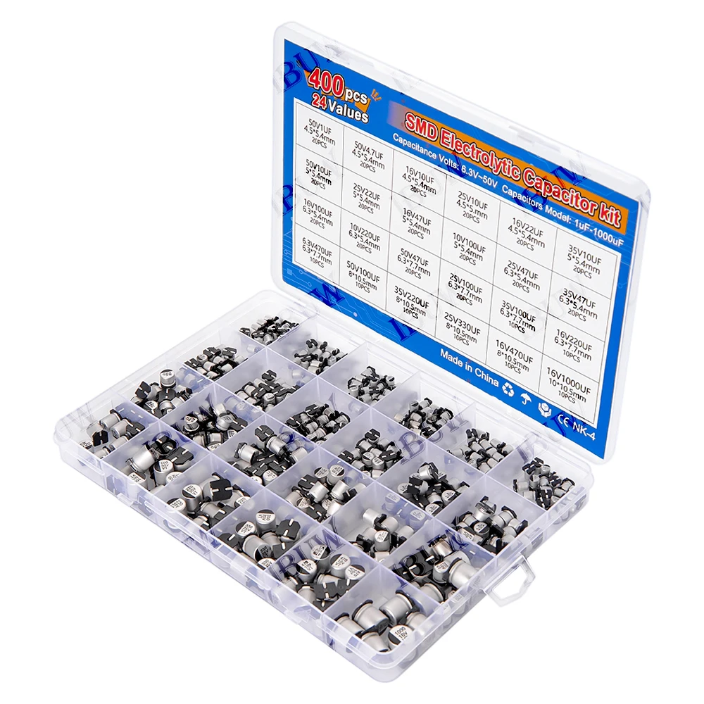 

Набор электролитических SMD-конденсаторов, 400 шт., 24 номинала, 1 мкФ-1000 мкФ, 6.3В-50В, для электроники, включая 50В10мкФ, 16В22мкФ, 25В47мкФ