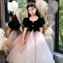 2023 Ramadan Muslim Fancy Flower Girl Bridesmaid Dresses Velvet Dress With Tulle Children Performance Kids Evening Prom Vestido