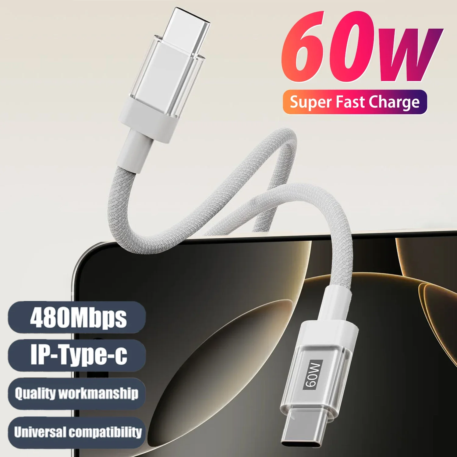 60W Fast Charging Phone Cables USB C To Type C Anti-break Nylon Cord Support for Carplay Dual Type-C Data Wire for IPhone 16 15