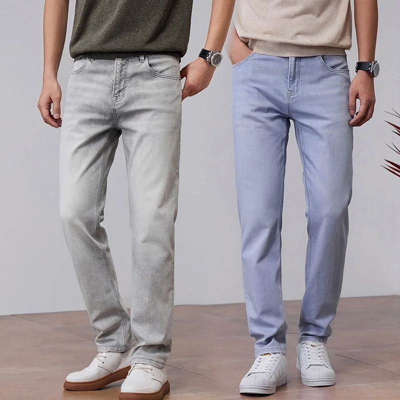 

Spring Summer Lightweight Jeans Men Elastic Straight Slim Fit Denim Jeans Pants Male Streetwear Jeans Trousers