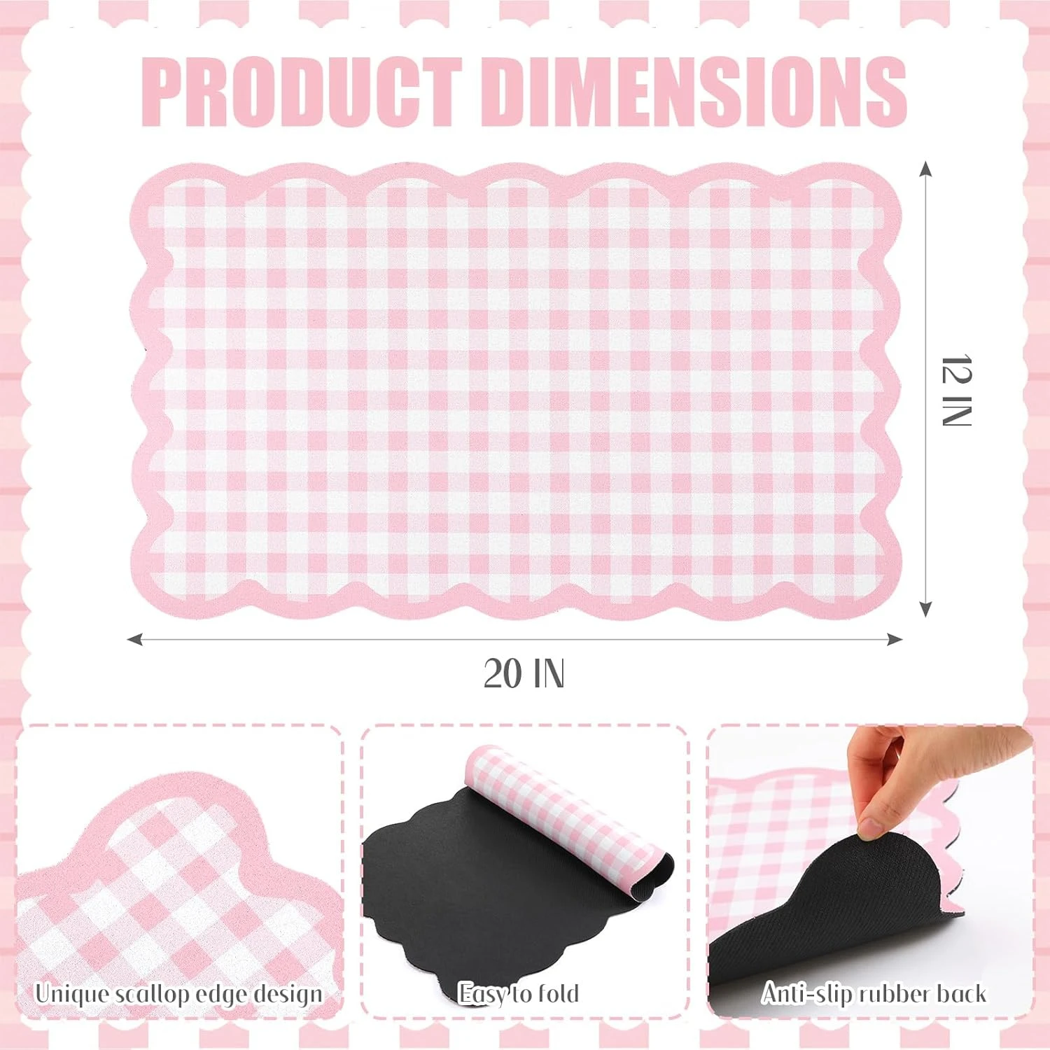 VIKAMA Pink Gingham Scalloped Edge Draining Mat Waterproof Oilproof Non Slip Tableware Dish Drying Counter Pad
