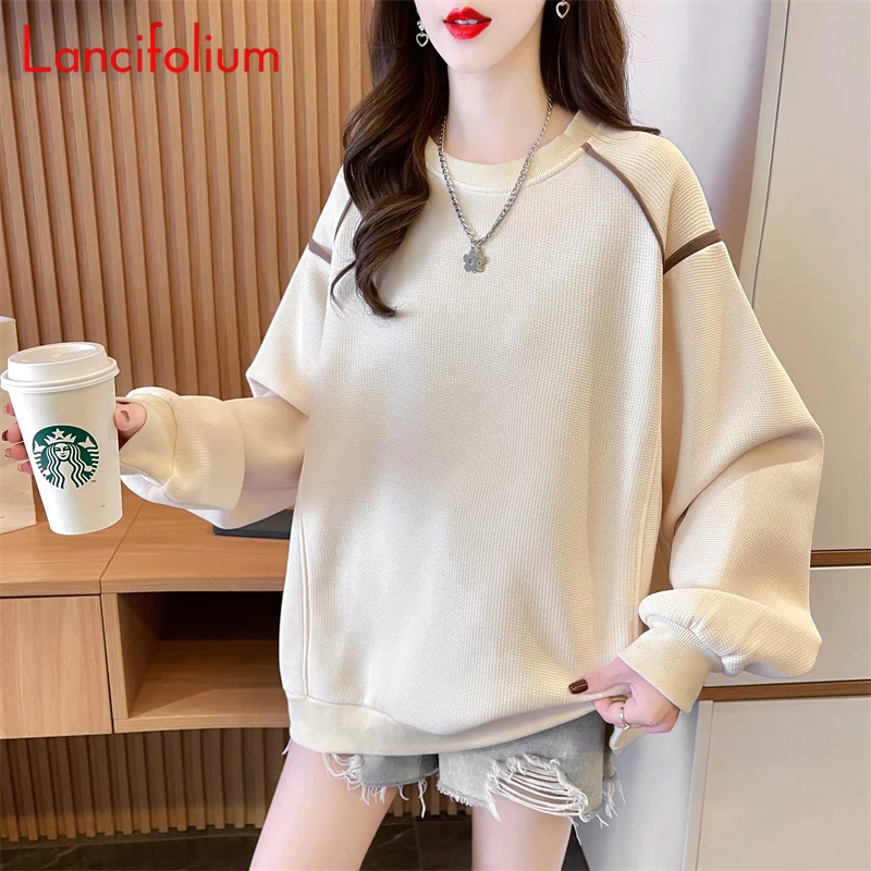 Vintage Oversized Waffle Hoodie Fall Winter Crewneck Long Sleeve Contrast Patchwork Bake Bow Loose Brown Streetwear Sweater Top