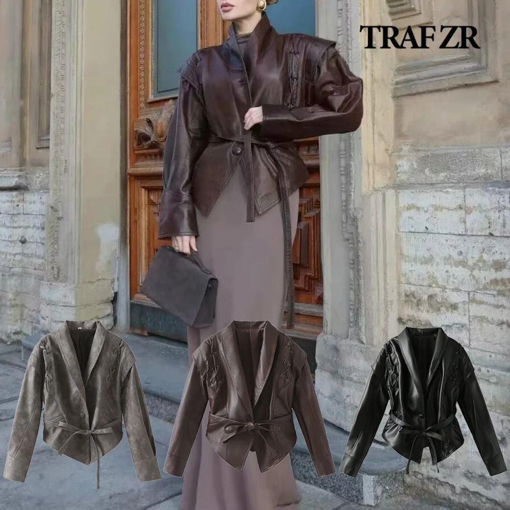 

TRAF ZR Basic Women Synthetic Leather Jacket 2024 Autumn Shawl Collar Coat Tonal Ties Vintage Single Button Faux Leather Jackets