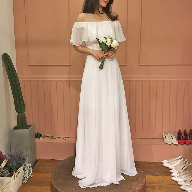 

French Light Wedding Dress Trip Shoot Simple off-Shoulder Ruffle Sleeve Waist-Tight Engagement White