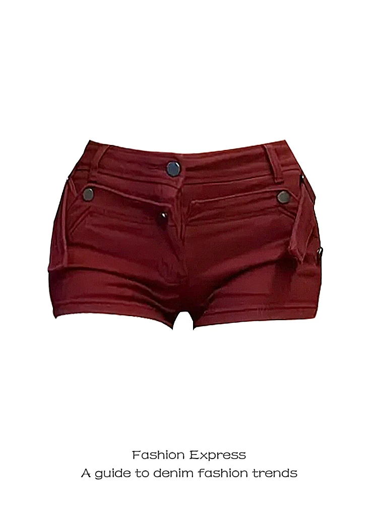 

Сексуальные джинсовые шорты с низкой талией для женщин, осенне-зимние, винно-красные, облегающие, с эффектом подтяжки ягодиц, в американском стиле Y2K Millennium