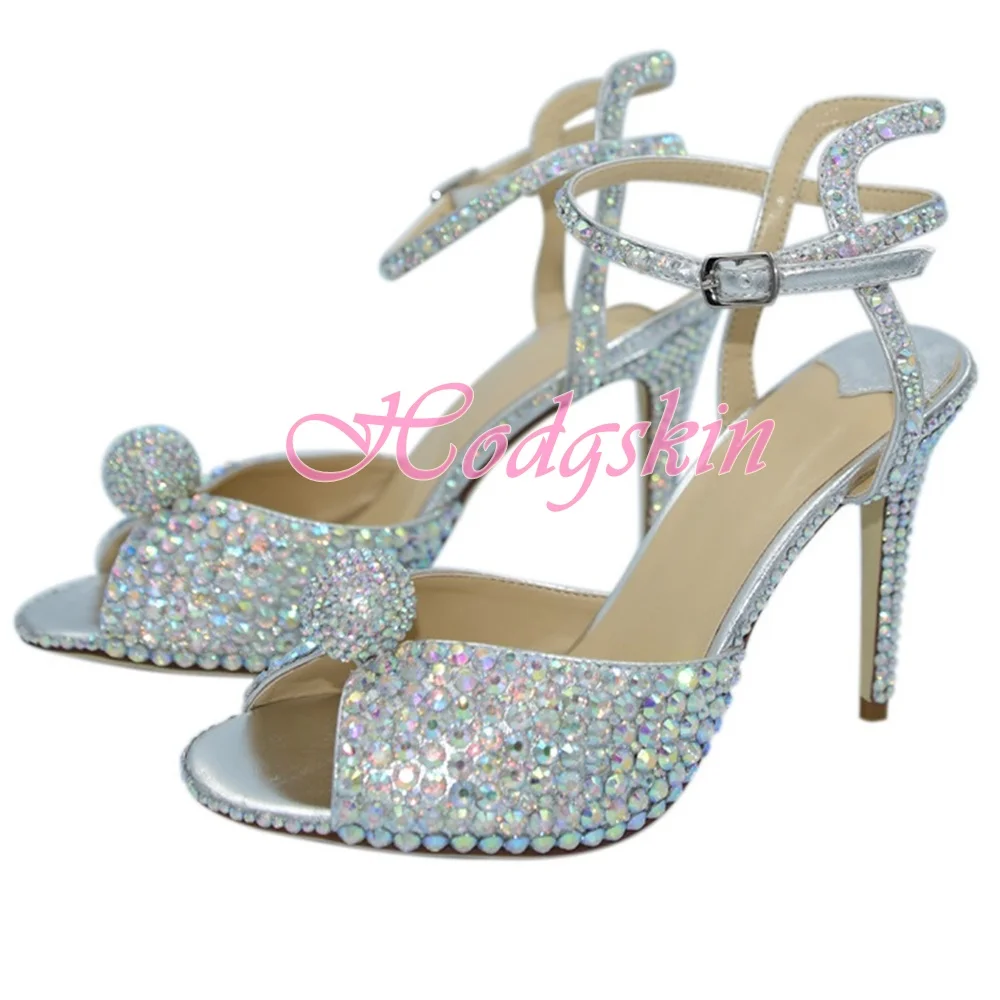 Pearl Studded Buckles Sandals Peep Toe Sexy Design Women Shoes Solid Stiletto Heels Ankle Straps Summer Party Wedding Pumps Shoe