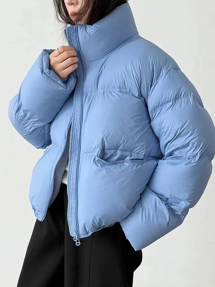 

Синий теплый пуховик большого размера, новый воротник-стойка с длинным рукавом, теплые женские парки, модные осенне-зимние парки