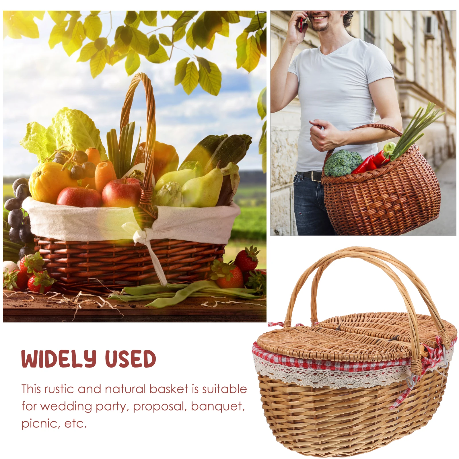 

1pc Wicker Picnic Basket 35x25x17cm Red Plaid Storage Baskets for Home Decor Gifts Rustic woven handle Outdoor Camping