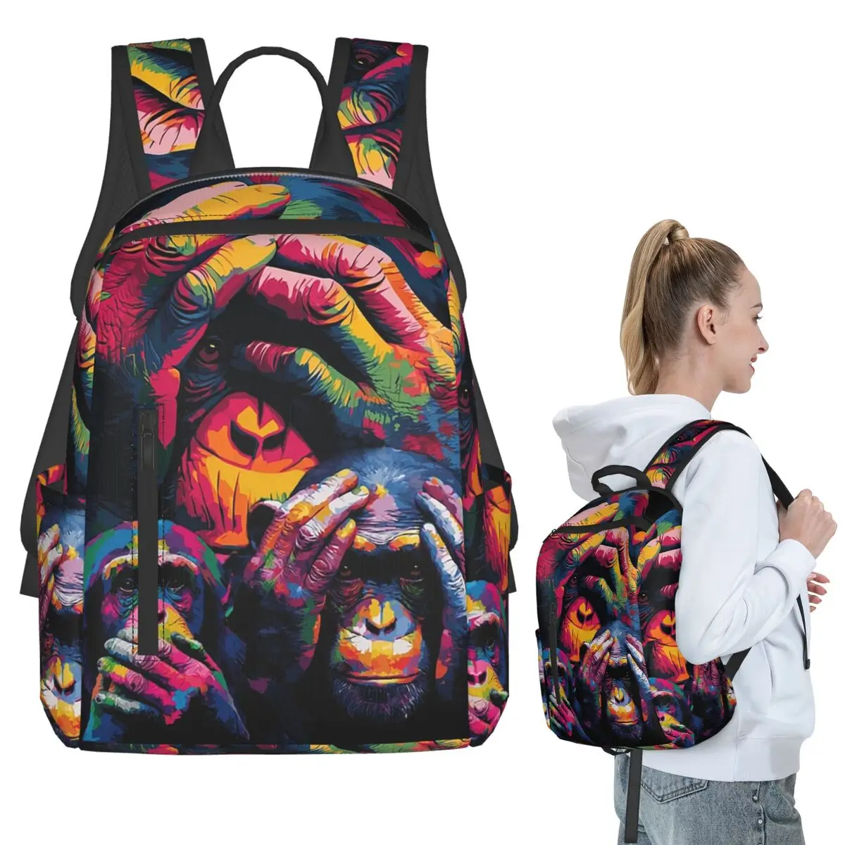 

Three Monkeys With Vibrant Paint Splashes Backpack Student BookBag Kids School Bag Laptop Shoulder Bags Boys Girls