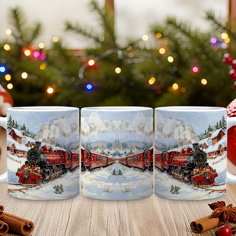 1pc Retro Steam Locomotive Christmas Train Coffee Mug - Vintage Locomotive & Snowy Tracks Design, Steam Cup for Hot Beverages, Holiday Party Favors, Gift Exchange Drinkware for Train Enthusiasts & Nostalgic Collectors, Christmas Decor