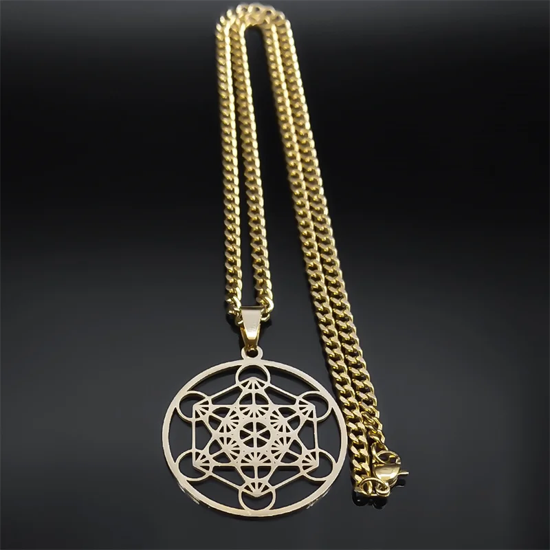Heilige Geometrie Metatron-Würfel Halskette für Frauen Männer Edelstahl Goldfarben Kraftvolles Amulett Chakra Spiritueller Schmuck Geschenke – Detail 7