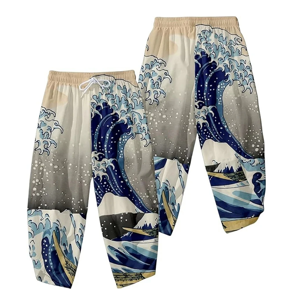 

Japanese Kimono Pants Vintage Bloom Pants Kanagawa Wave Carp Print Trousers Women Men Traditional Asian Clothing Cosplay Costume