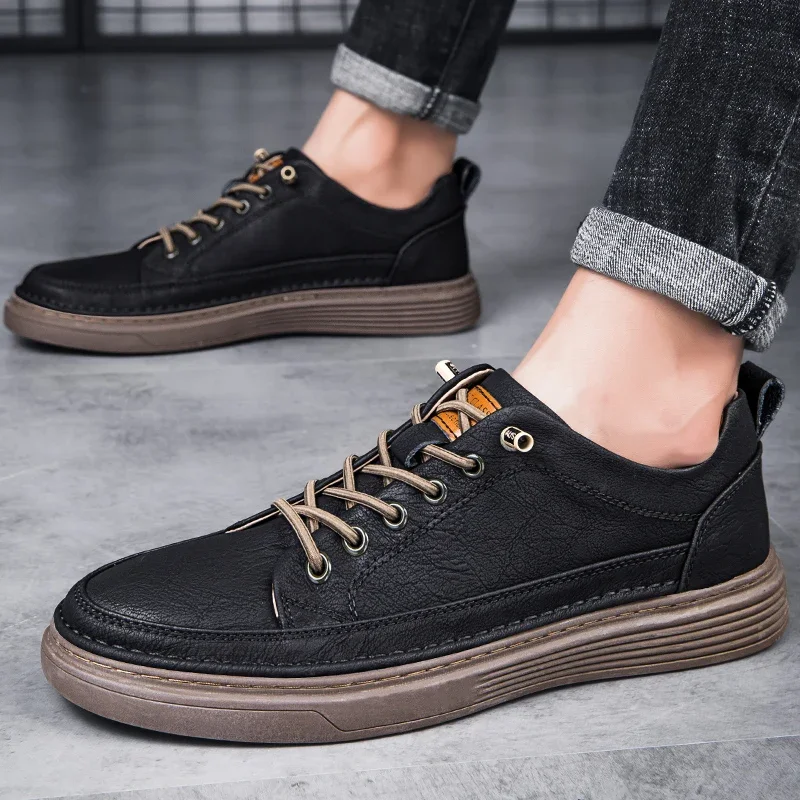 Italian Casual Shoes Men\'s Lace Up Oxford Shoes Genuine Leather Thick Bottom Outdoor Walking Shoes Black Office Men Dress Shoes