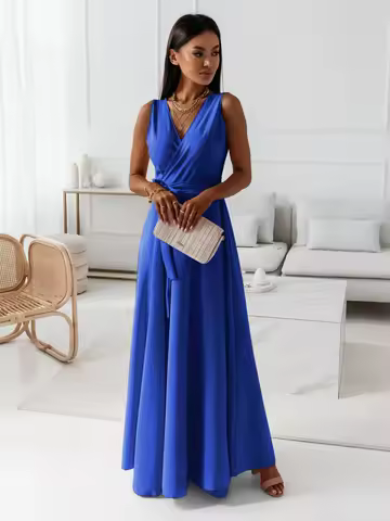 Women's Blue Maxi Dress V Neck Sleeveless Wrap Tie Waist A Line Flowy Dress For Evening Party Wedding Guest Formal Wear