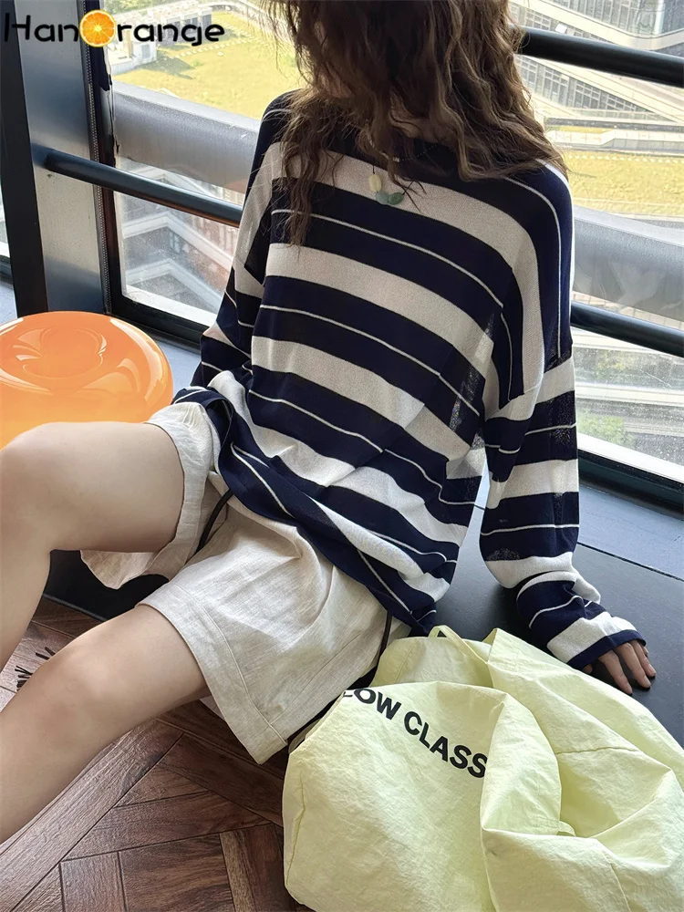 HanOrange 2025 الصيف كسول تقليد الكتان واسعة مخطط واقية من الشمس محبوك سترة المرأة خفيفة الوزن الأزرق الداكن/السماء الزرقاء