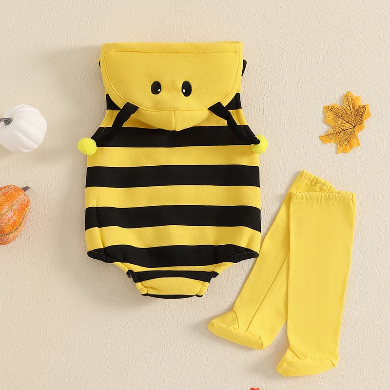 Baby Bee Costume Sleeveless Hooded Romper Long Socks Set Infant Bumble Bee Costume Newborn Outfit