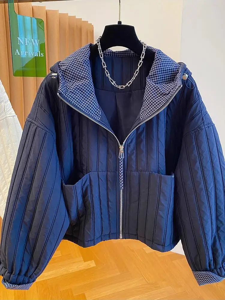 

Винтажная женская сине-белая лоскутная клетчатая свободная хлопковая куртка, зимнее элегантное короткое пальто на молнии с длинными рукавами и капюшоном, уличная одежда
