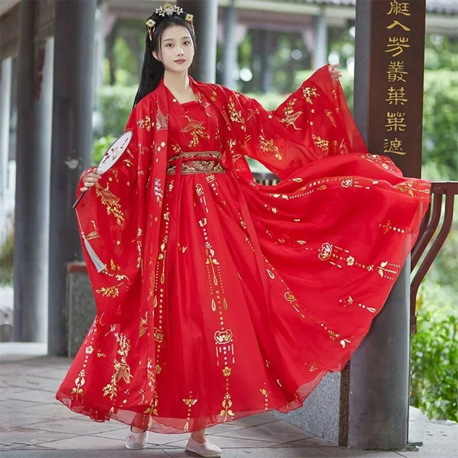 Vestido Hanfu Chinês para Mulheres, Hanfu Vintage Tradicional, Cosplay Halloween, Vestido de Dança, Gradiente Vermelho e Branco, Conjuntos 4Pcs