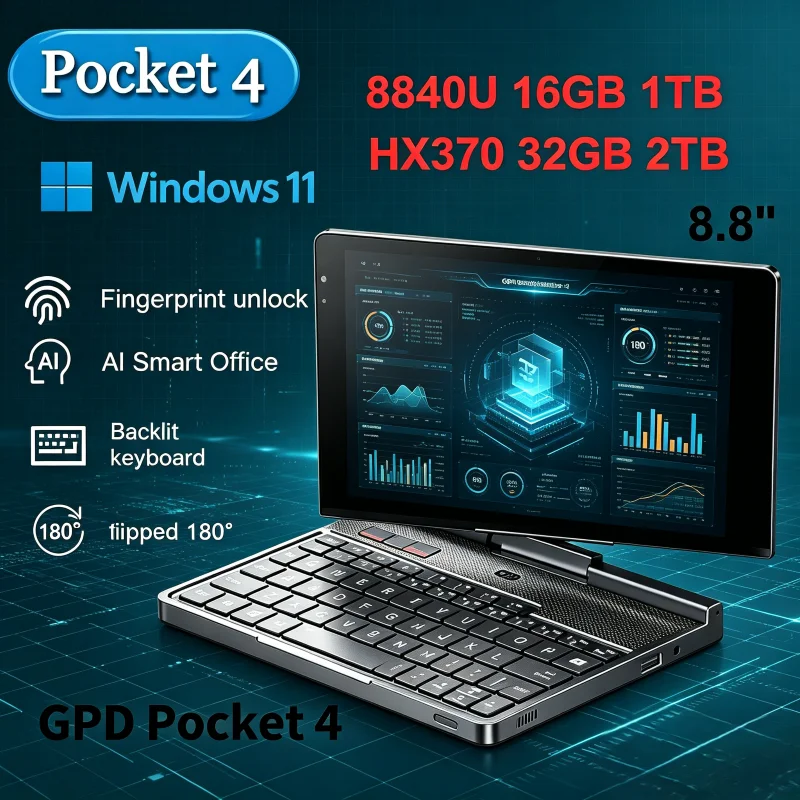 

GPD Pocket 4 8.8-inch Portable Mini PC Laptop AMD AI 9 HX 370 64GB RAM Touchscreen Notebook Computer