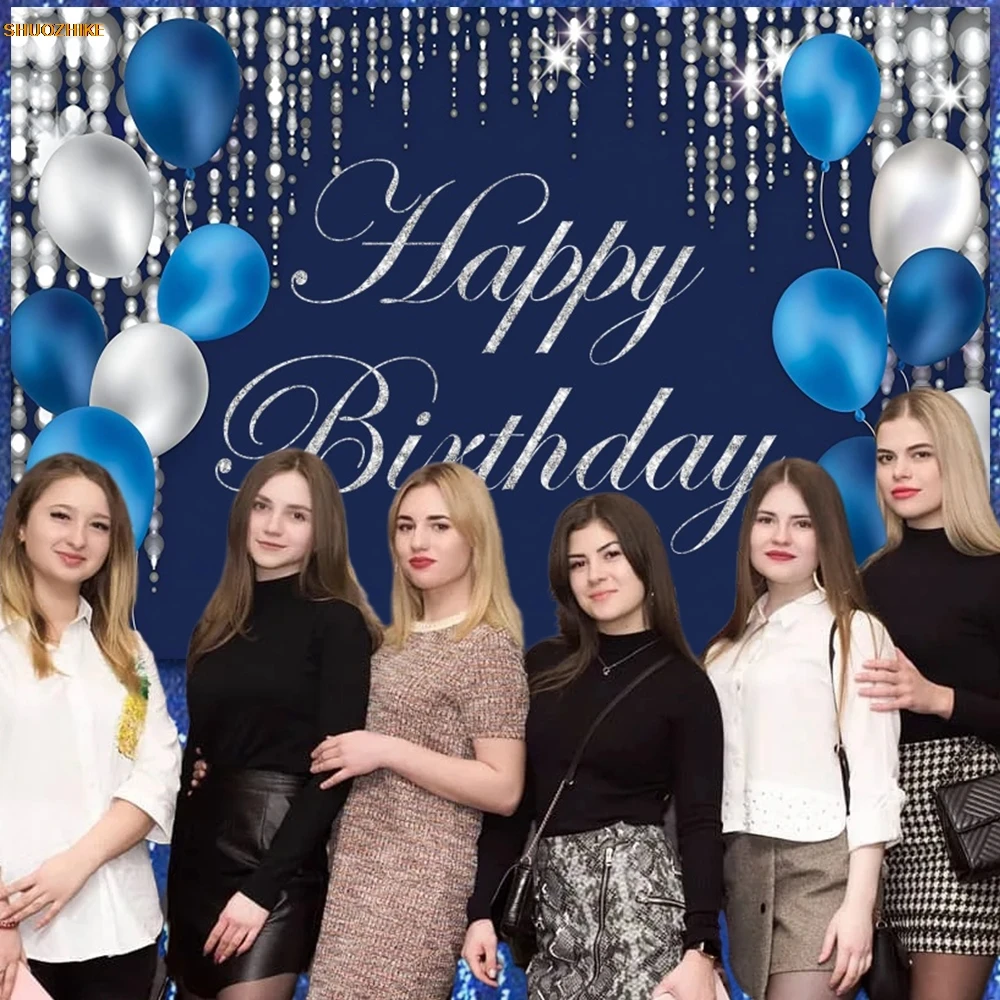 Fondo azul de feliz cumpleaños, globos con manchas brillantes, niños, mujer, hombre, fiesta de cumpleaños, fotografía personalizada, decoración de fondo, pancarta