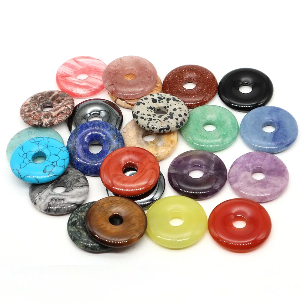 Natural 30mm Donut Stone Charms Healing Crystal Lapis  Amethyst Rose Quartz Round Lucky Coin for Handicrafts Making Accessories