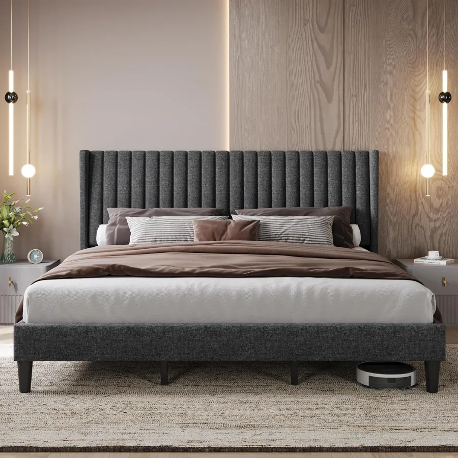King Bed Frame Upholstered Platform Bed with Fabric Headboard Wing Edge Design for Modern Bedroom NonSlip and NoiseFree Support