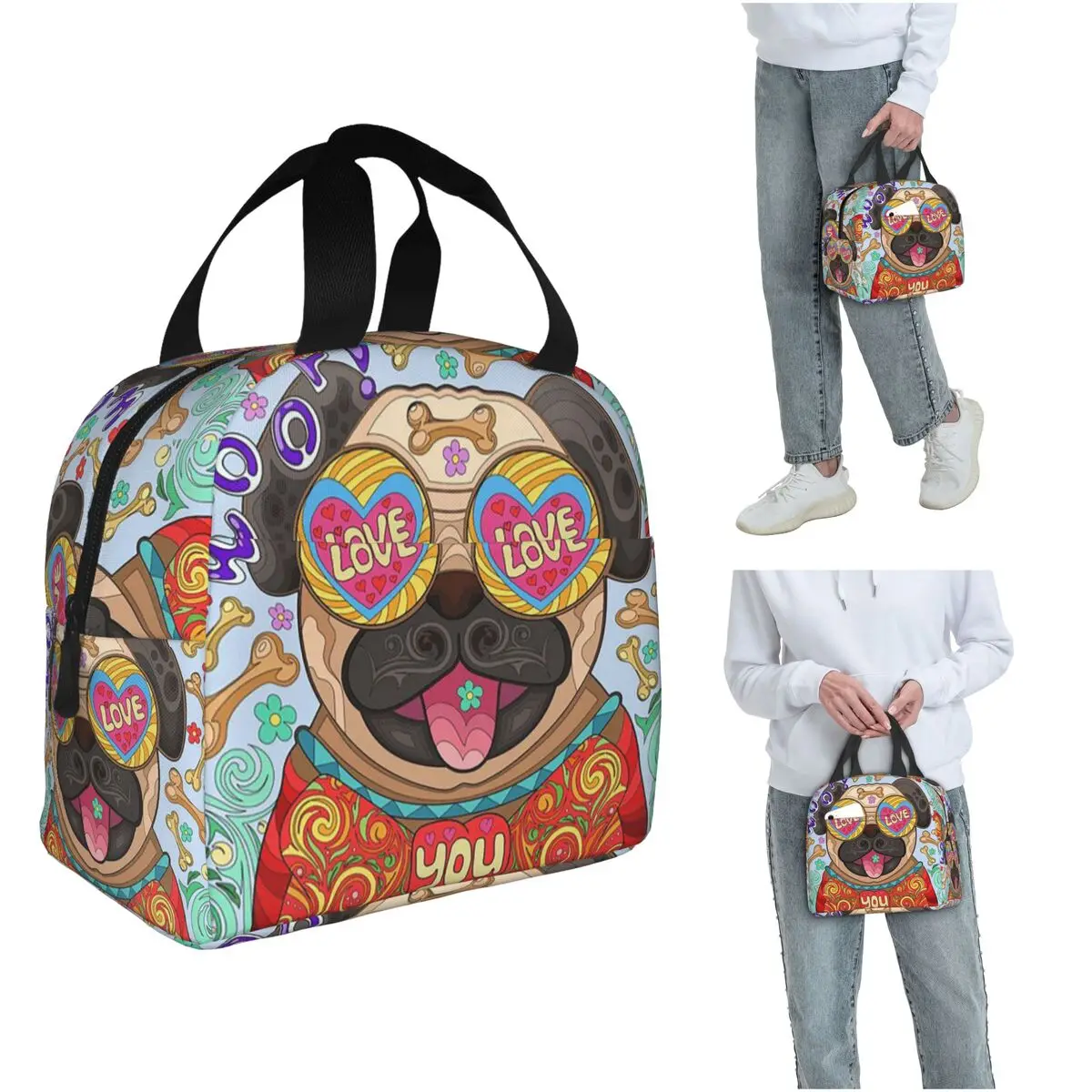 

Cute Pug Dog Insulated Lunch Bag for Women Office Cooler Thermal Food Box Tote Leakproof Lunch Boxes Container