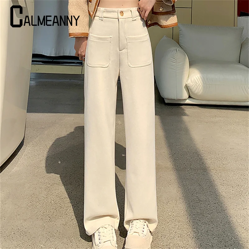 Simple 2024 Autumn Winter Thick Warm Woolen Wide Leg Pants Women's Solid Zipper Button Pocket High Waist Straight Trousers