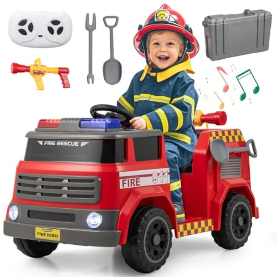 

Ride On Fire Truck 12V Battery Powered Electric Car for with Water Tank Loudspeaker Shovel Music Siren Light Firetruck Ride On