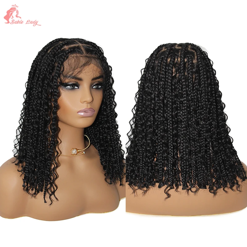 Sintético curto Bob trançando perucas de cabelo, perucas trançadas sem nós, deusa Bohemian Curly Braid peruca, transparente 360 perucas cheias do laço, caixa